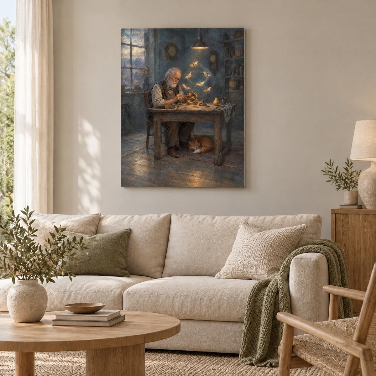 Der Uhrmacher der Falter – Rahmenlose Slim-Leinwand im Wohnzimmer, ohne Weißrand.