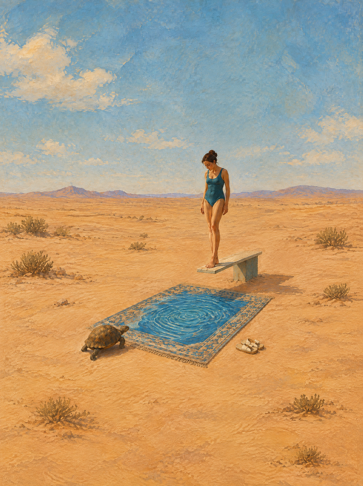 Schwimmstunde in der Wüste – Kunstmotiv ohne Rahmen.