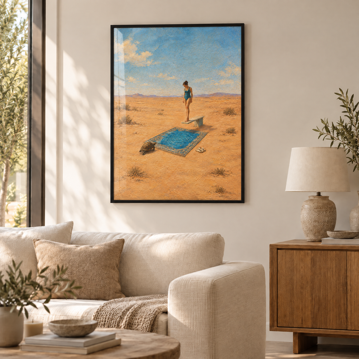 Schwimmstunde in der Wüste – Poster im schwarzen Holzrahmen im Wohnzimmer, ohne Weißrand.