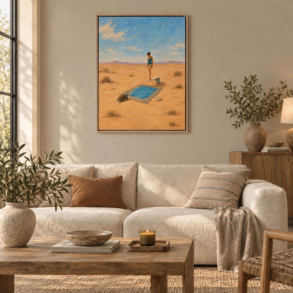 Schwimmstunde in der Wüste – Leinwand im Naturholz-Schattenfugenrahmen im Wohnzimmer, ohne Weißrand.