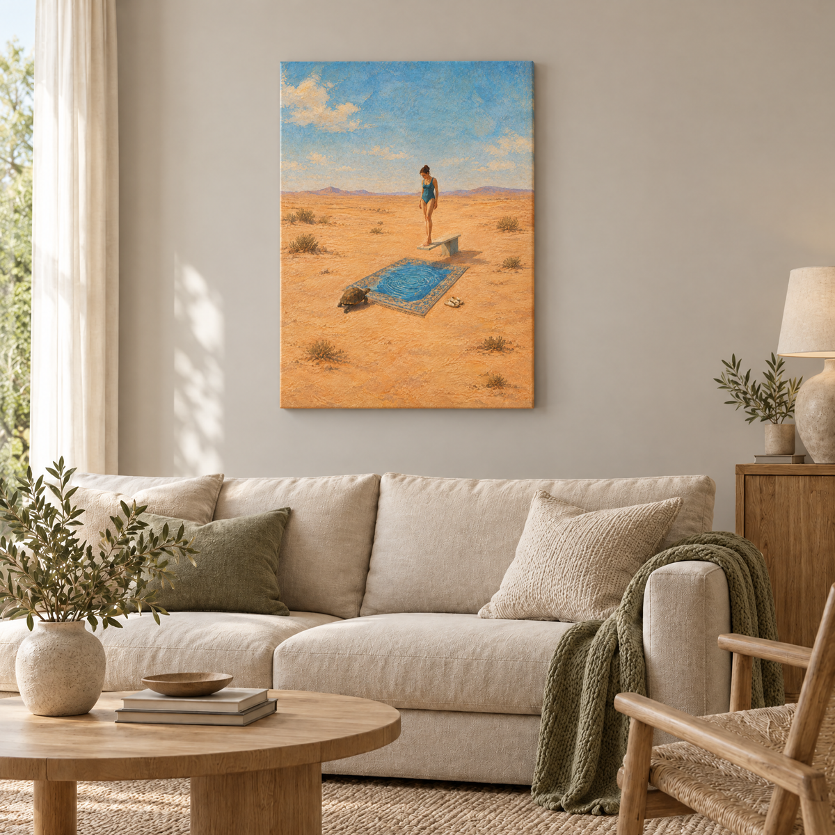Schwimmstunde in der Wüste – Rahmenlose Slim-Leinwand im Wohnzimmer, ohne Weißrand.