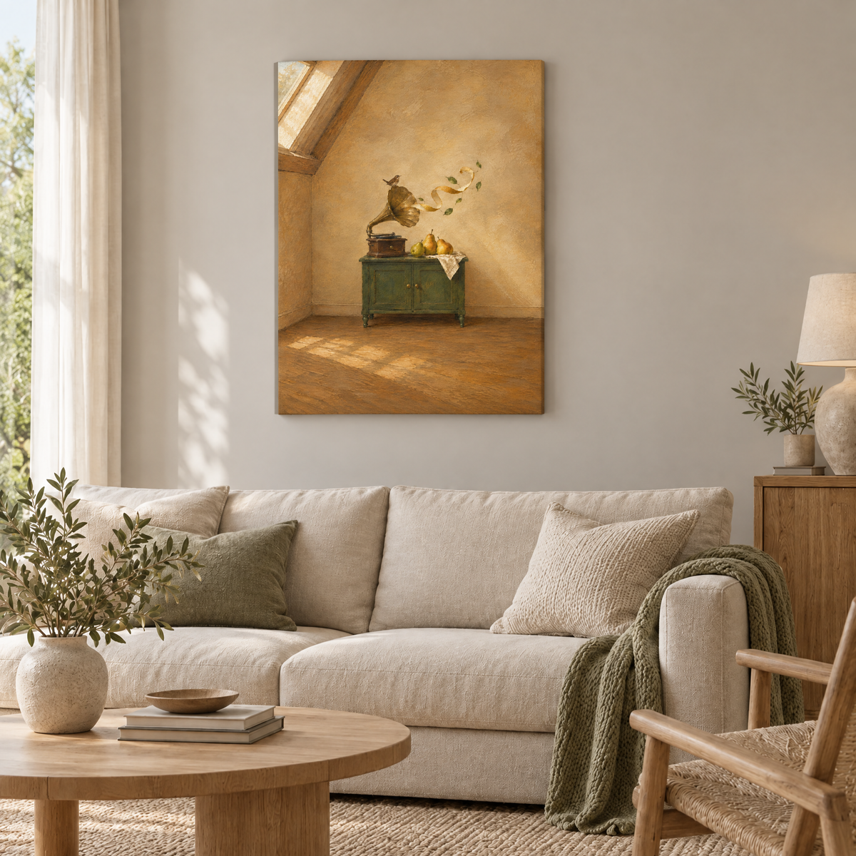Das Grammophon der Birnen – Rahmenlose Slim-Leinwand im Wohnzimmer, ohne Weißrand.
