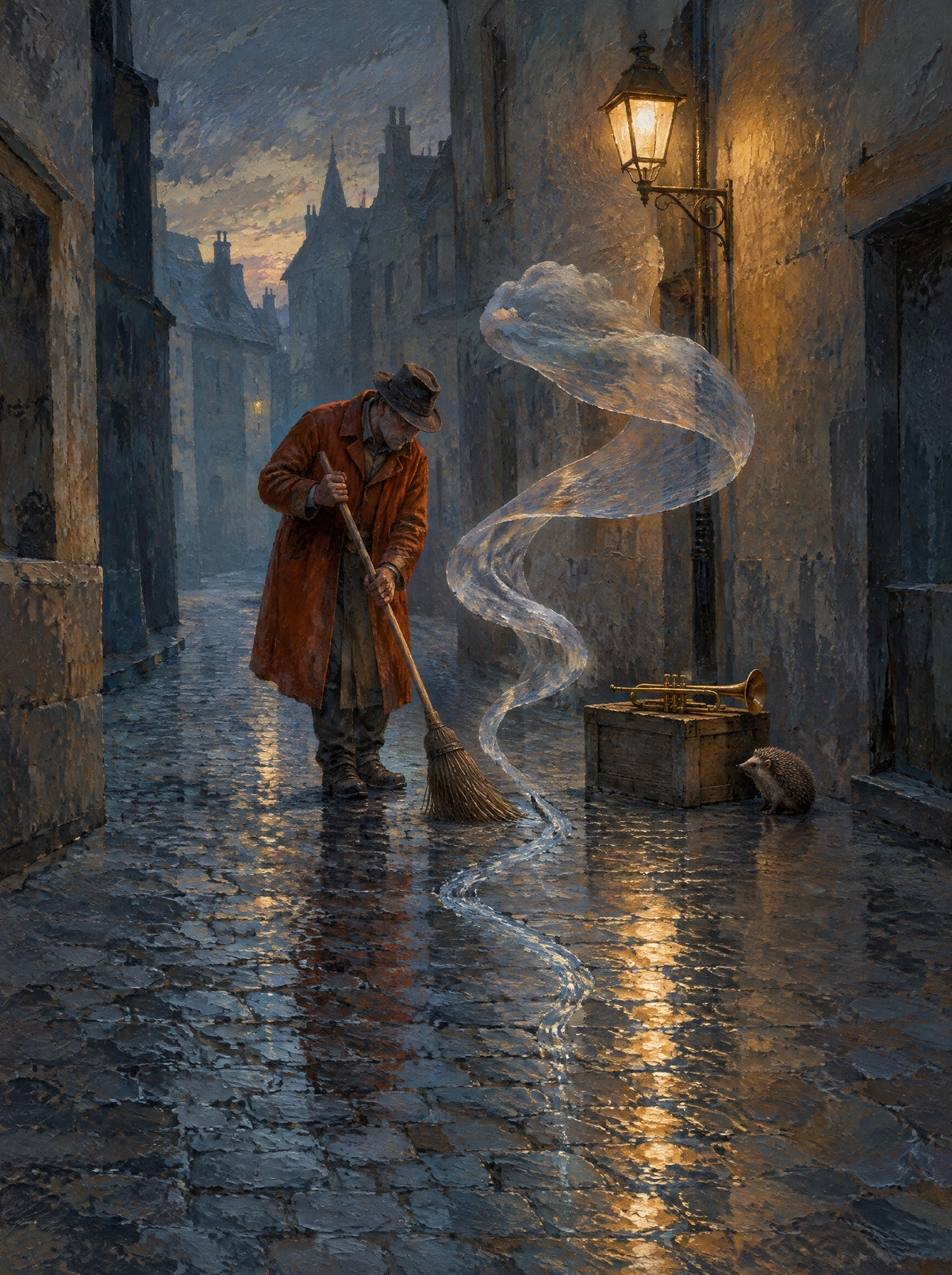 Der Regenkehrer – Kunstmotiv ohne Rahmen.