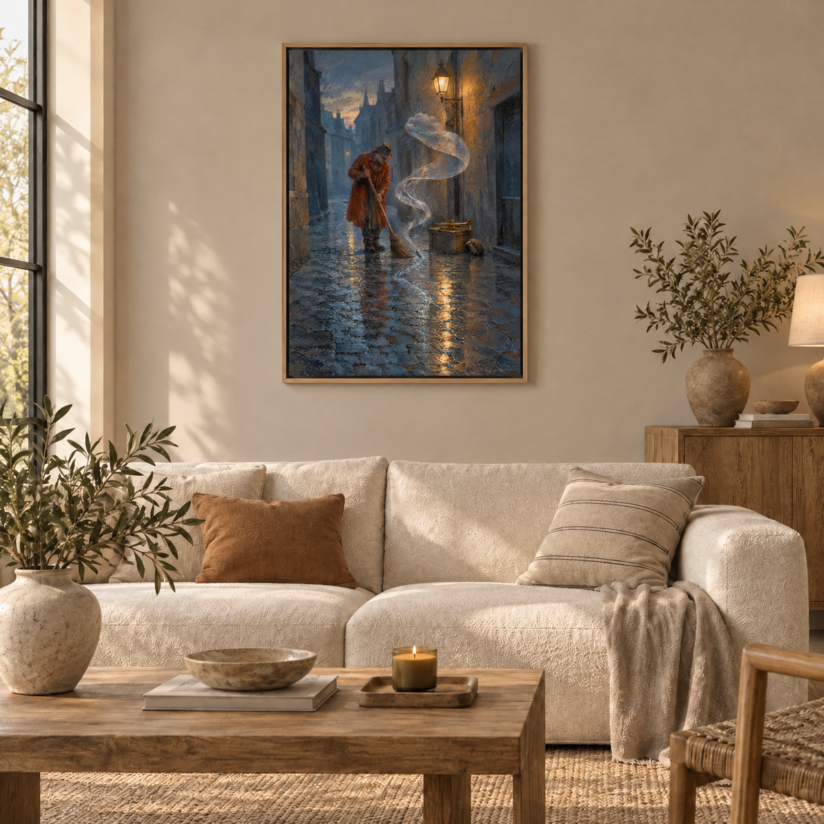 Der Regenkehrer – Leinwand im Naturholz-Schattenfugenrahmen im Wohnzimmer, ohne Weißrand.