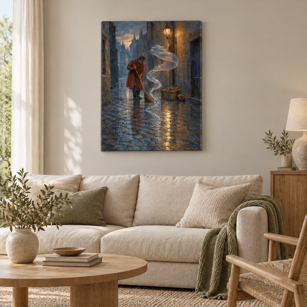 Der Regenkehrer – Rahmenlose Slim-Leinwand im Wohnzimmer, ohne Weißrand.