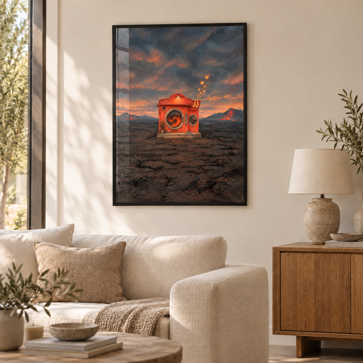 Der Vulkan im Waschsalon – Poster im schwarzen Holzrahmen im Wohnzimmer, ohne Weißrand.