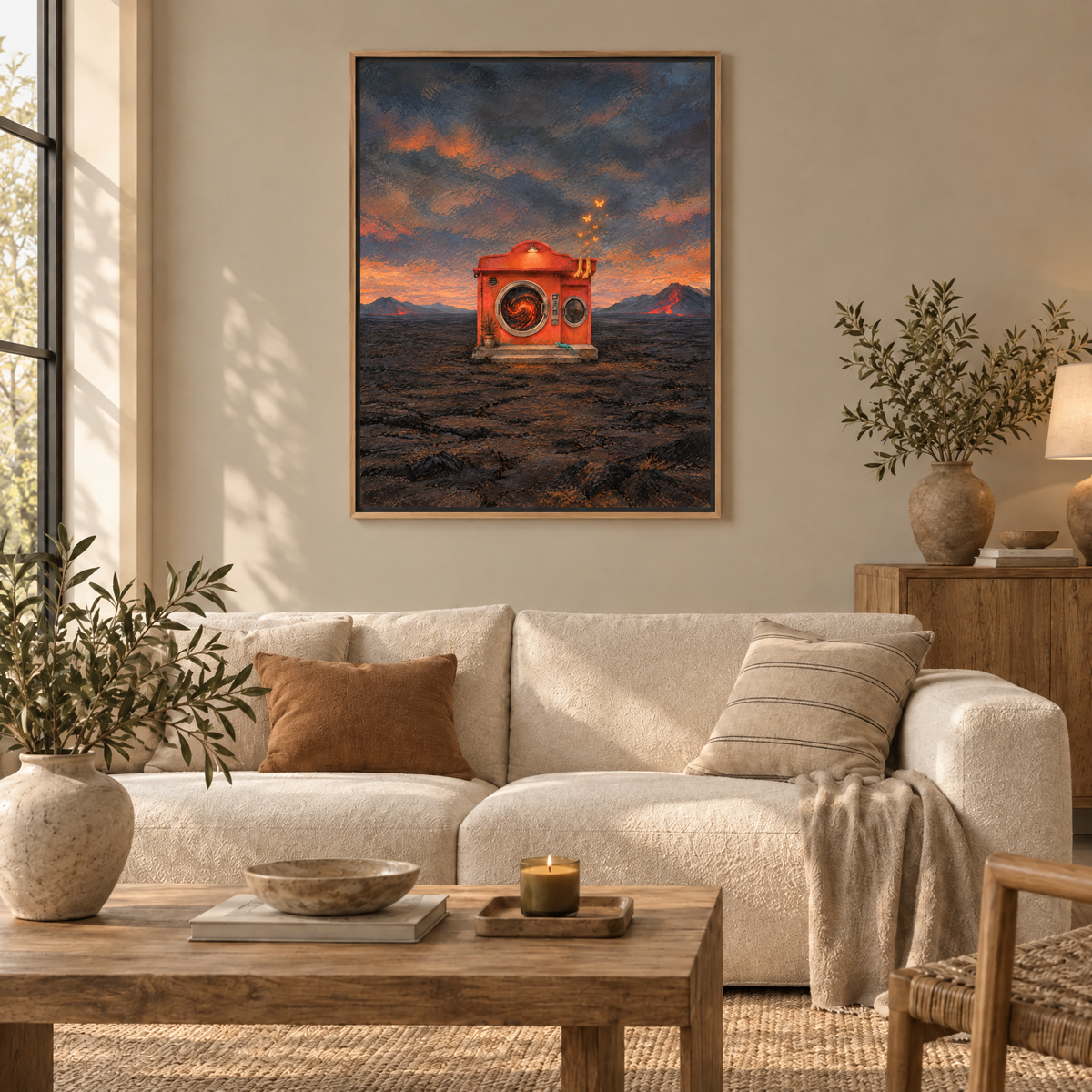 Der Vulkan im Waschsalon – Leinwand im Naturholz-Schattenfugenrahmen im Wohnzimmer, ohne Weißrand.