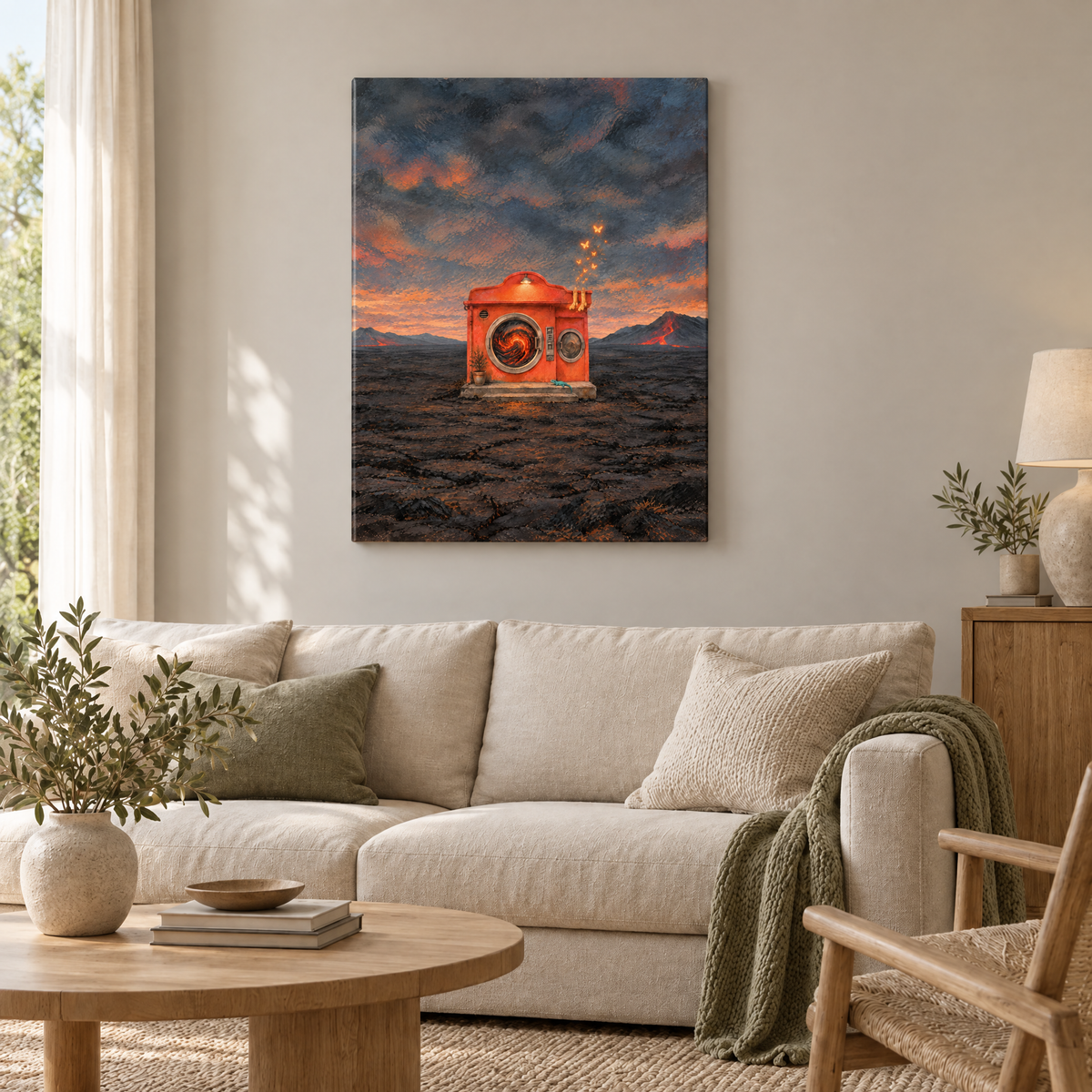 Der Vulkan im Waschsalon – Rahmenlose Slim-Leinwand im Wohnzimmer, ohne Weißrand.