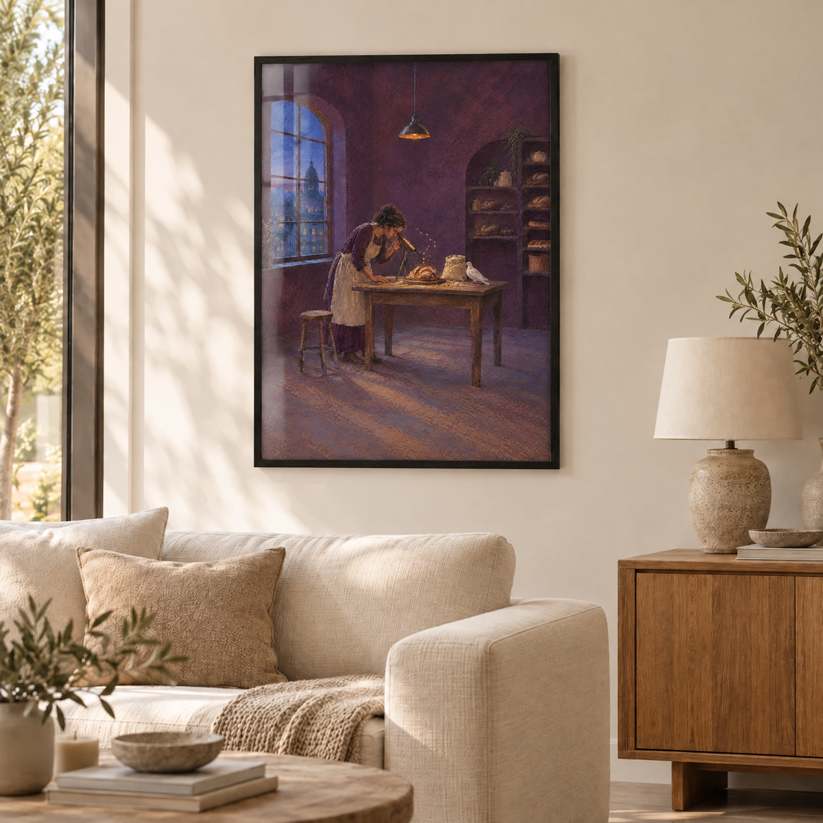 Die Astronomin des Brotes – Poster im schwarzen Holzrahmen im Wohnzimmer, ohne Weißrand.