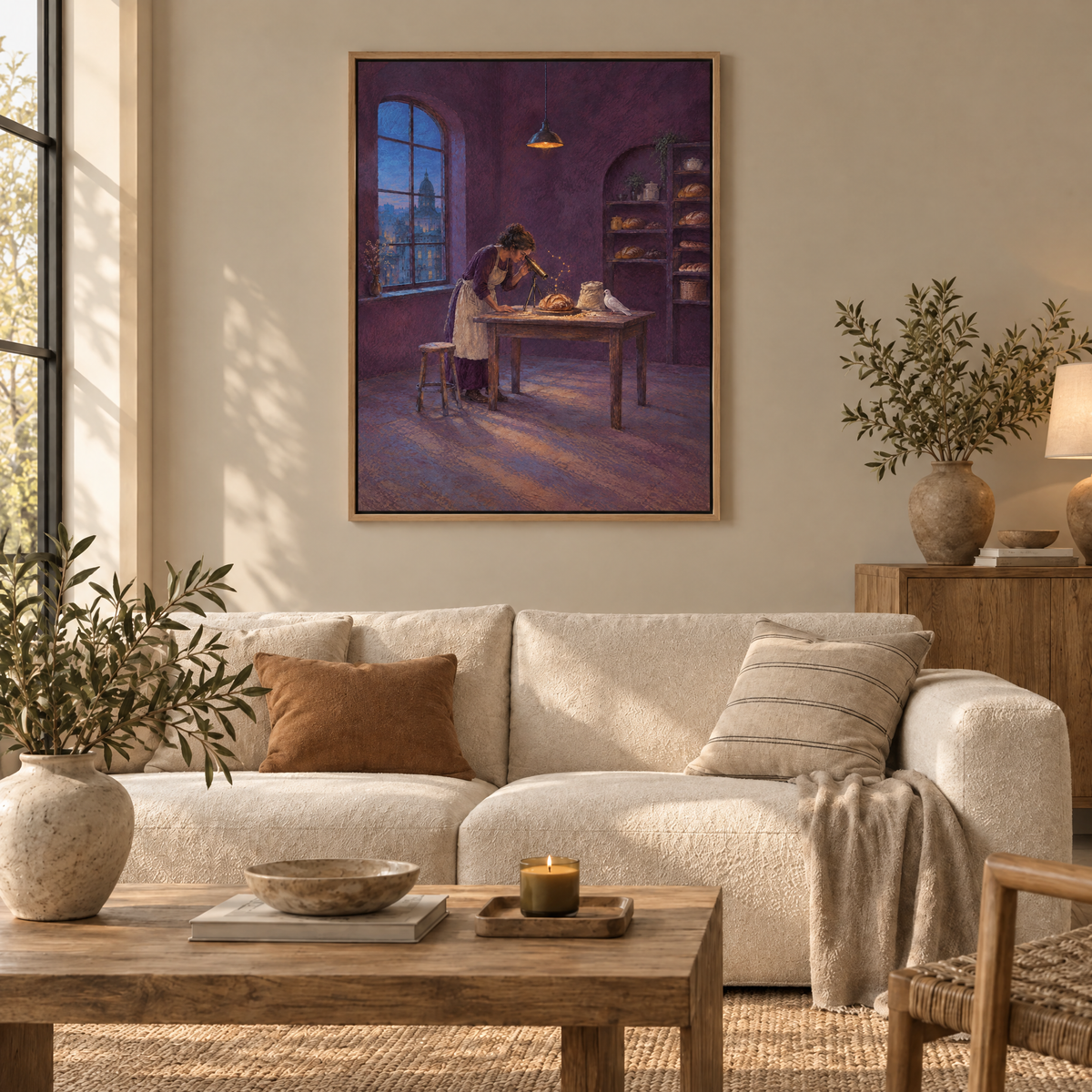 Die Astronomin des Brotes – Leinwand im Naturholz-Schattenfugenrahmen im Wohnzimmer, ohne Weißrand.