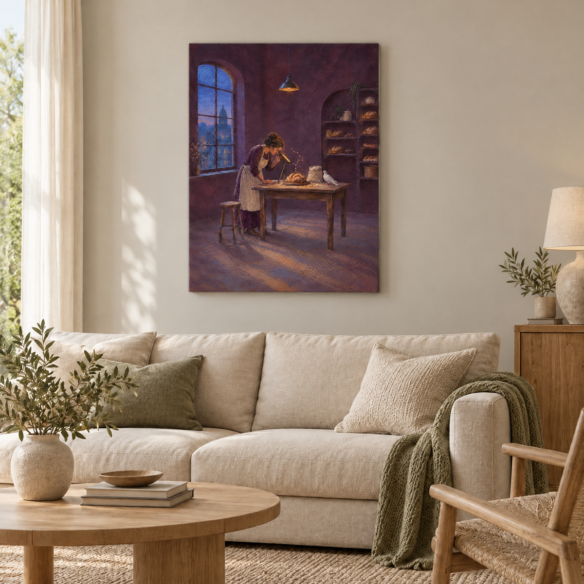 Die Astronomin des Brotes – Rahmenlose Slim-Leinwand im Wohnzimmer, ohne Weißrand.