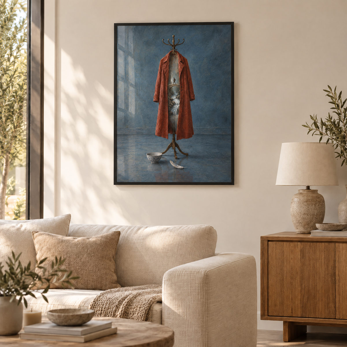 Die Brücke im Mantel – Poster im schwarzen Holzrahmen im Wohnzimmer, ohne Weißrand.