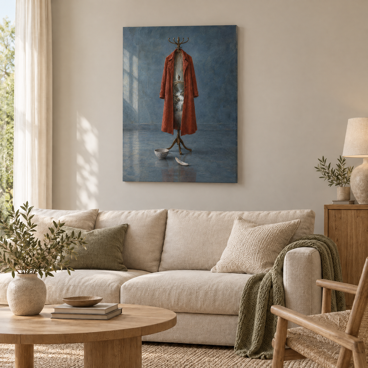 Die Brücke im Mantel – Rahmenlose Slim-Leinwand im Wohnzimmer, ohne Weißrand.