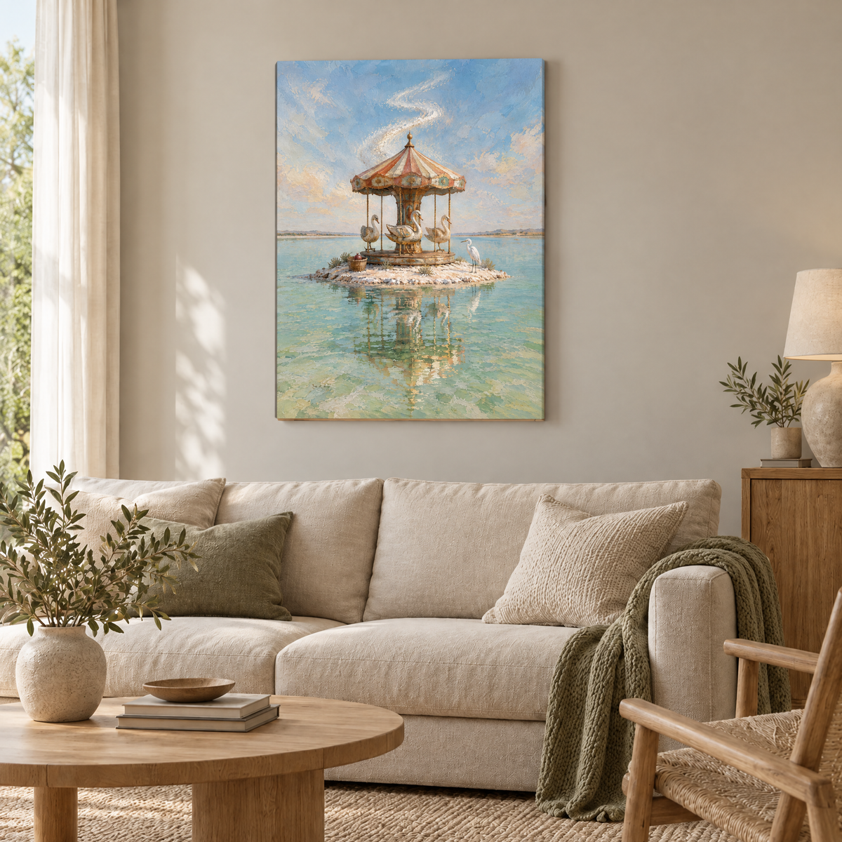Das Salzkarussell – Rahmenlose Slim-Leinwand im Wohnzimmer, ohne Weißrand.
