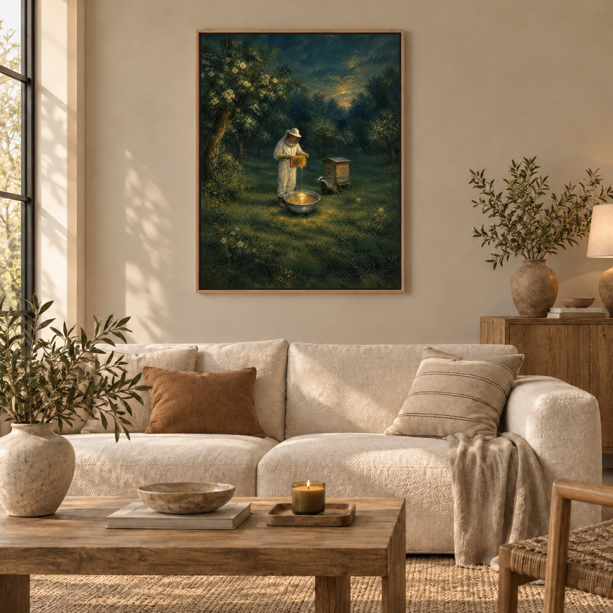 Der Imker am Mondspiegel – Leinwand im Naturholz-Schattenfugenrahmen im Wohnzimmer, ohne Weißrand.