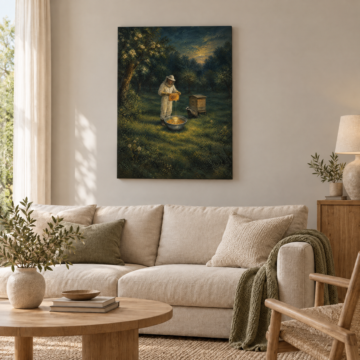 Der Imker am Mondspiegel – Rahmenlose Slim-Leinwand im Wohnzimmer, ohne Weißrand.