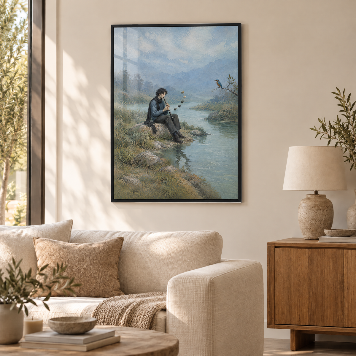 Das Konzert der Kiesel – Poster im schwarzen Holzrahmen im Wohnzimmer, ohne Weißrand.