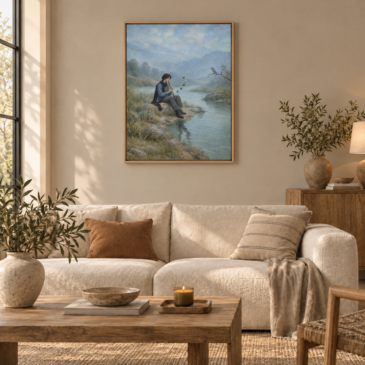 Das Konzert der Kiesel – Leinwand im Naturholz-Schattenfugenrahmen im Wohnzimmer, ohne Weißrand.