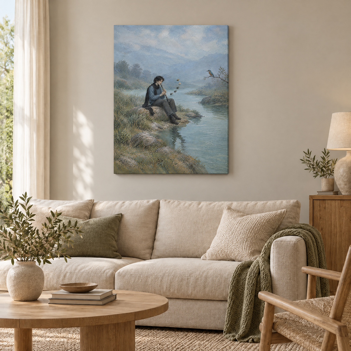 Das Konzert der Kiesel – Rahmenlose Slim-Leinwand im Wohnzimmer, ohne Weißrand.