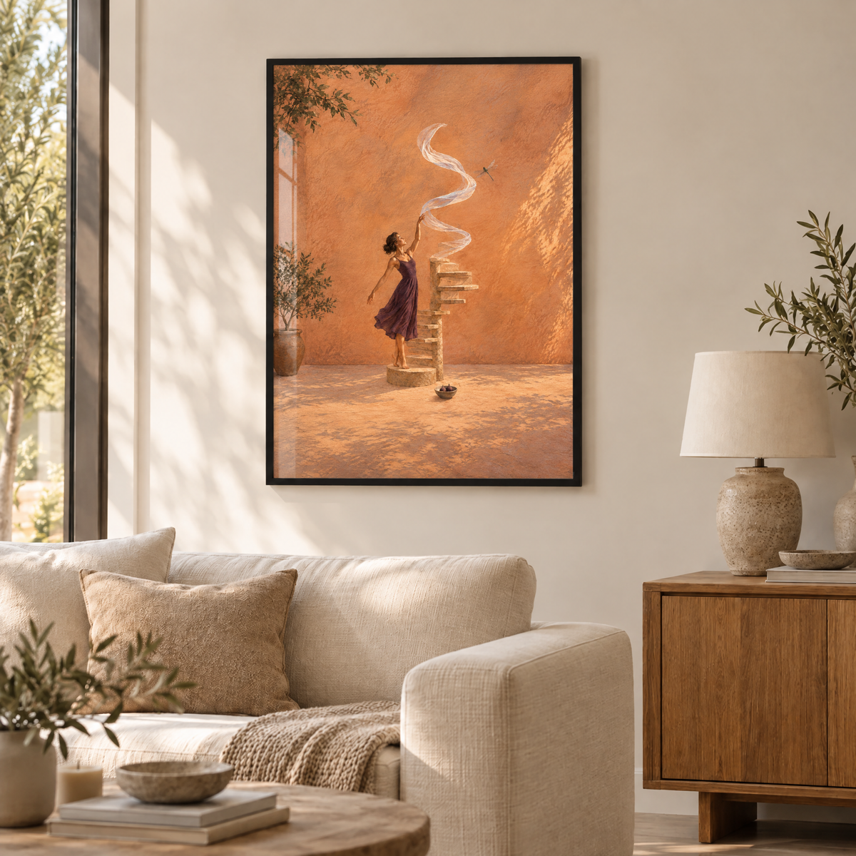 Die Tänzerin der Windtreppe – Poster im schwarzen Holzrahmen im Wohnzimmer, ohne Weißrand.