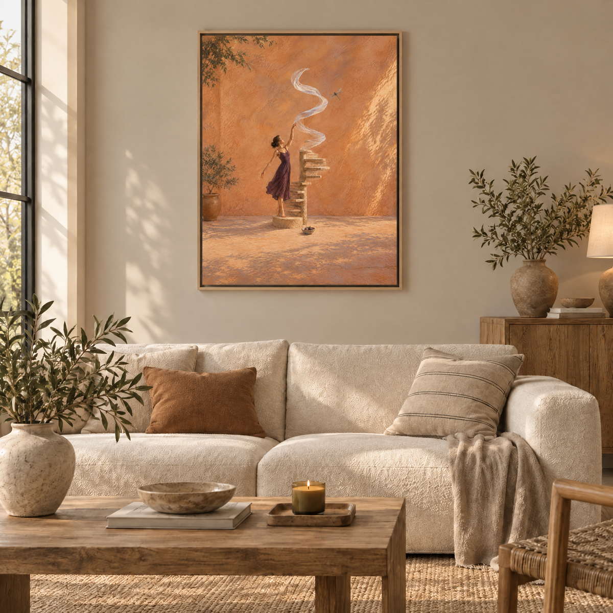 Die Tänzerin der Windtreppe – Leinwand im Naturholz-Schattenfugenrahmen im Wohnzimmer, ohne Weißrand.