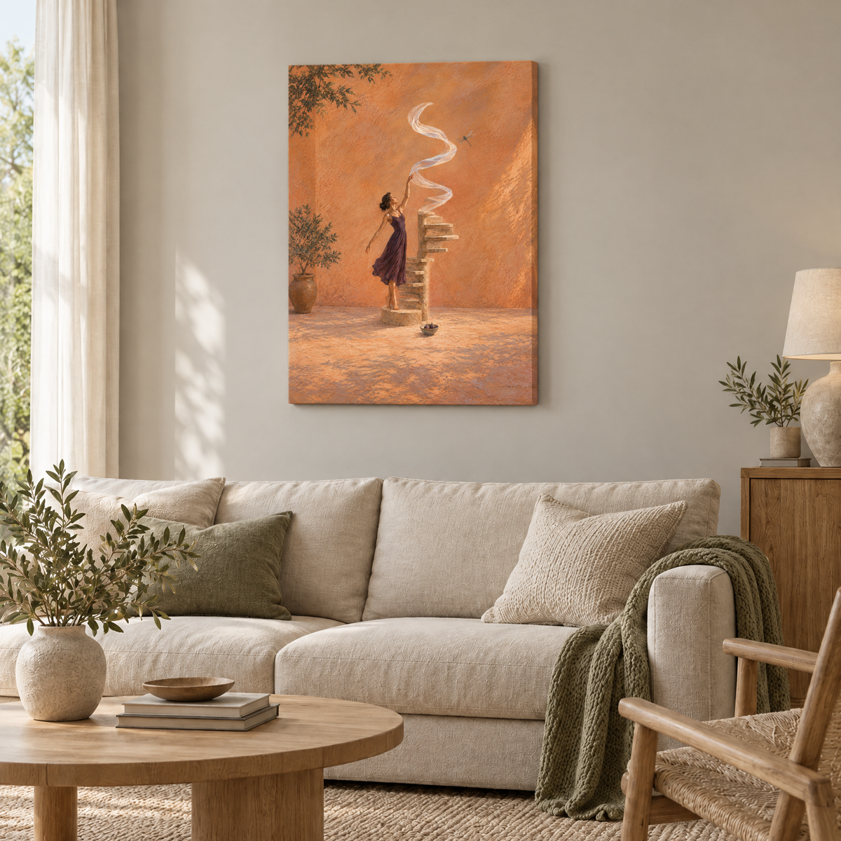 Die Tänzerin der Windtreppe – Rahmenlose Slim-Leinwand im Wohnzimmer, ohne Weißrand.