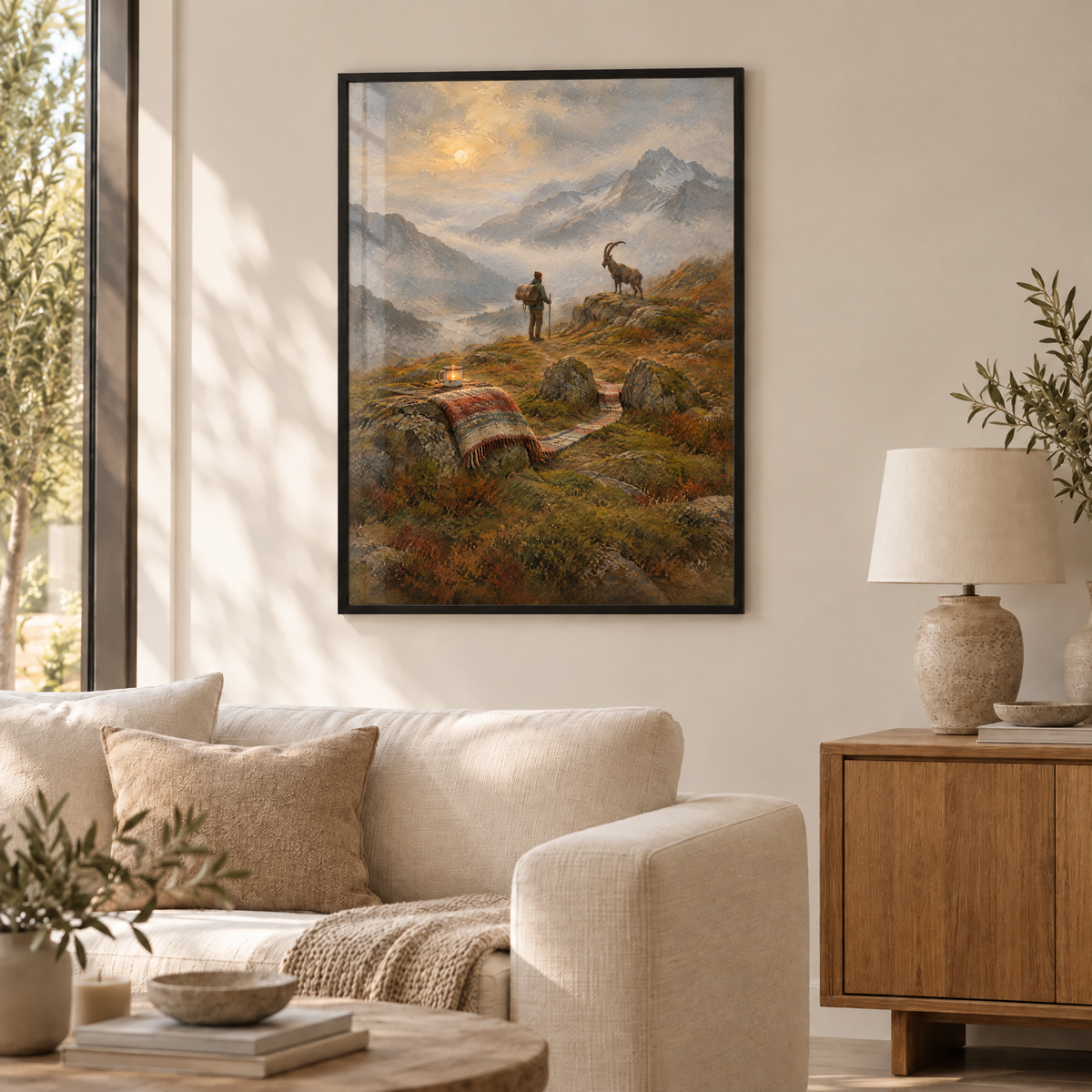 Die Wanderung der Wolldecken – Poster im schwarzen Holzrahmen im Wohnzimmer, ohne Weißrand.