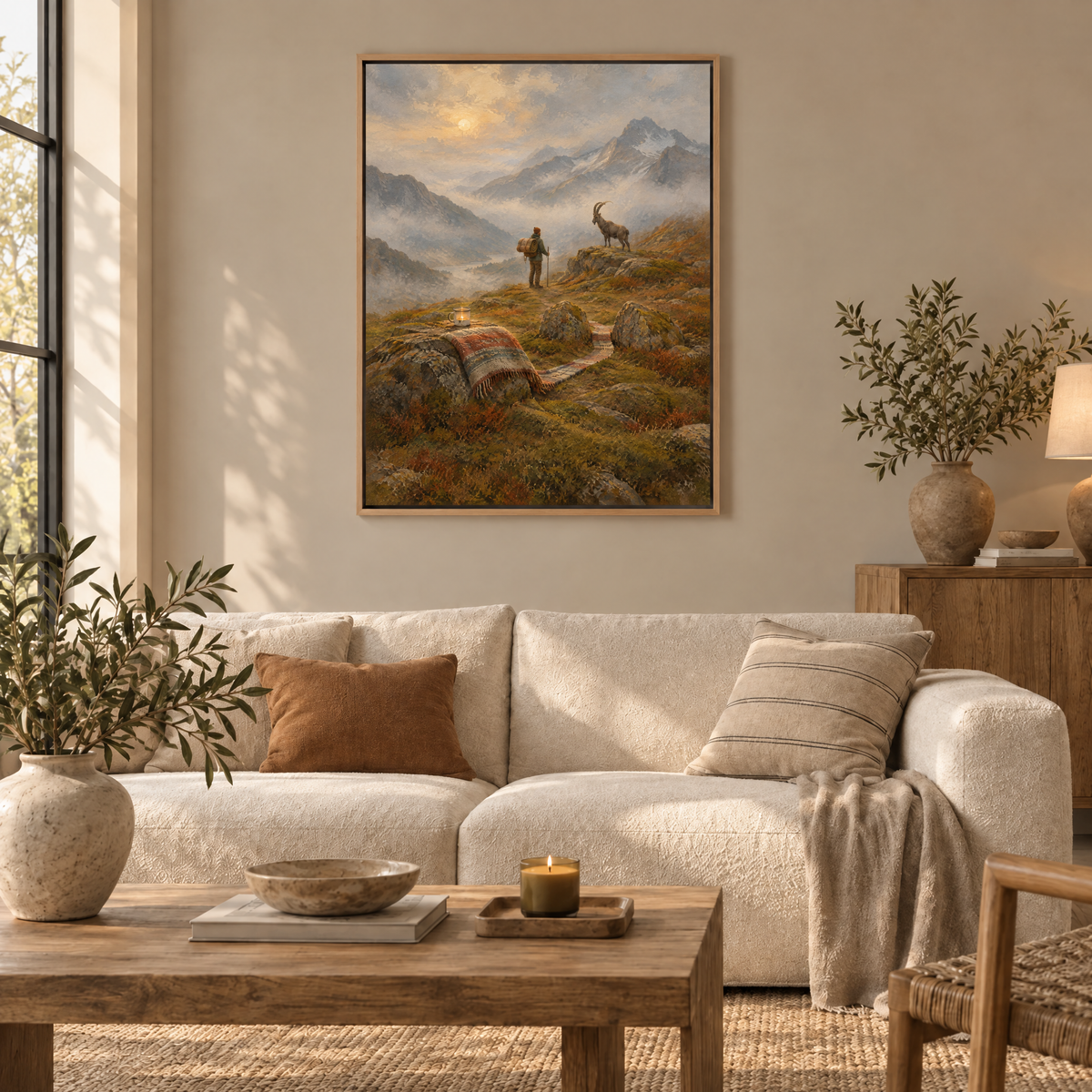 Die Wanderung der Wolldecken – Leinwand im Naturholz-Schattenfugenrahmen im Wohnzimmer, ohne Weißrand.
