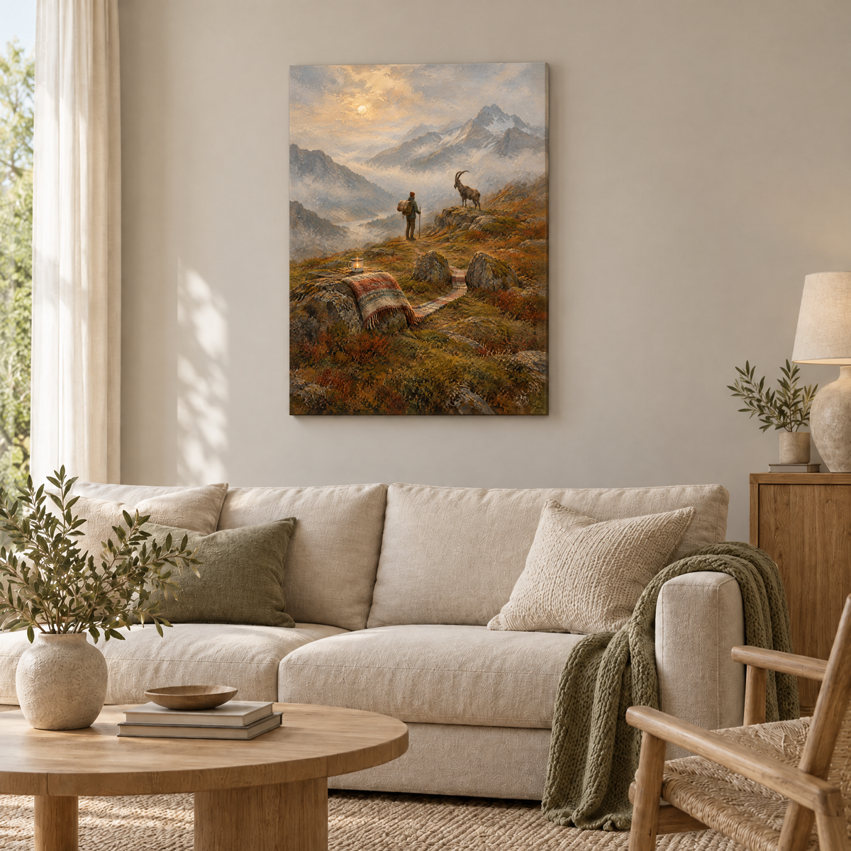 Die Wanderung der Wolldecken – Rahmenlose Slim-Leinwand im Wohnzimmer, ohne Weißrand.