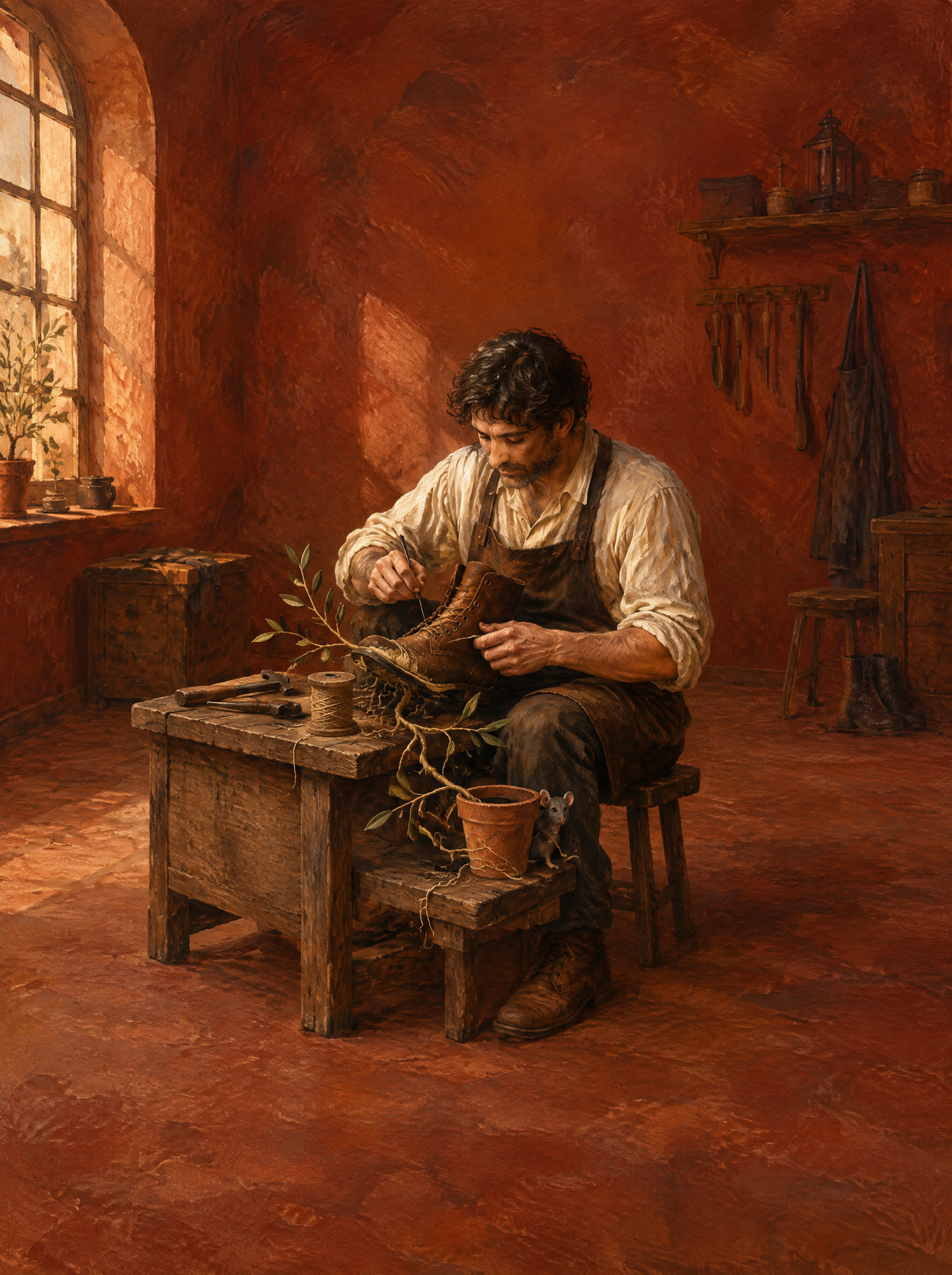 Der Schuhmacher der Wurzeln – Kunstmotiv ohne Rahmen.