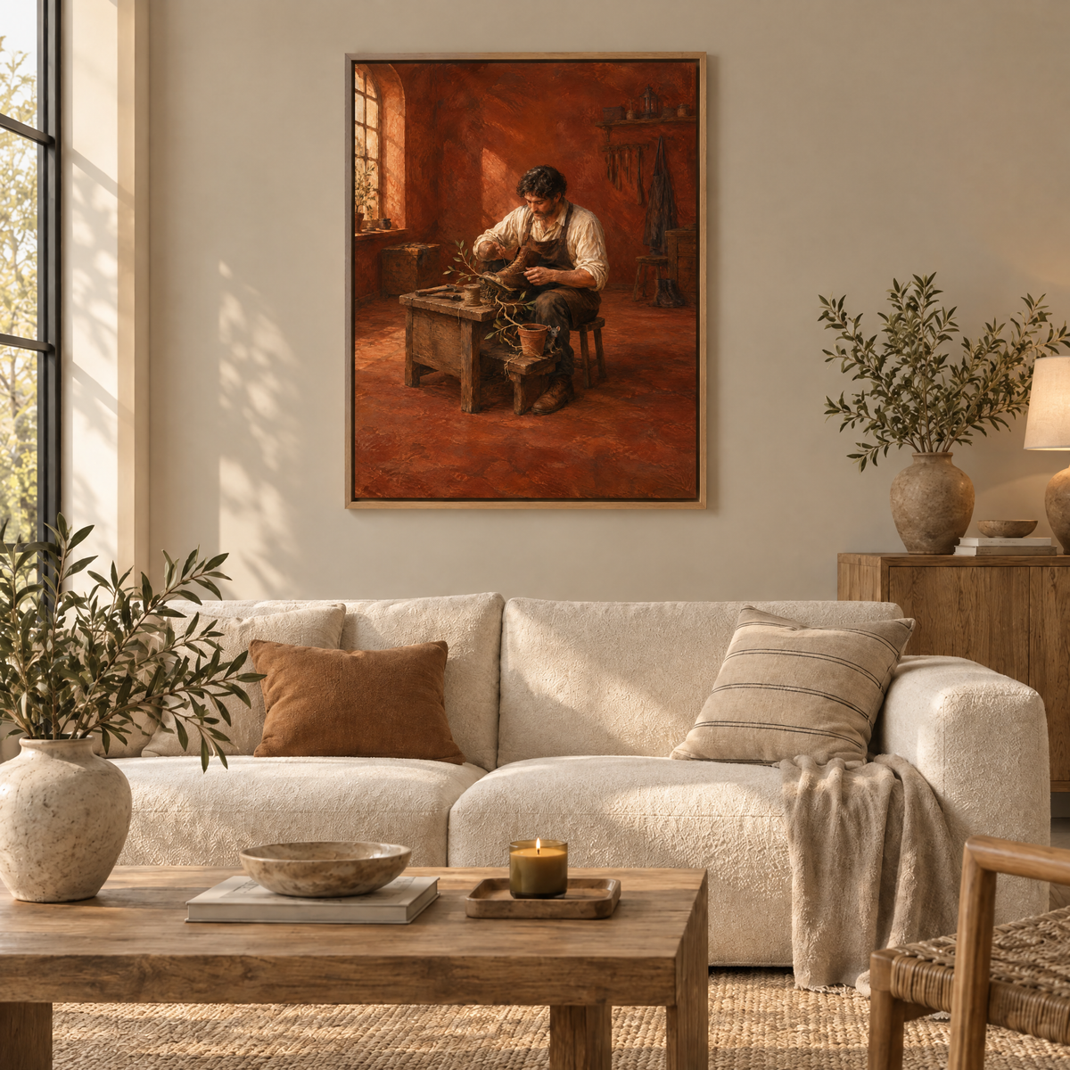 Der Schuhmacher der Wurzeln – Leinwand im Naturholz-Schattenfugenrahmen im Wohnzimmer, ohne Weißrand.