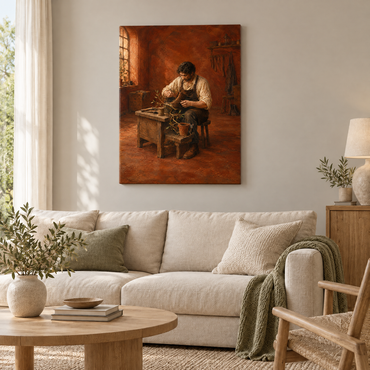 Der Schuhmacher der Wurzeln – Rahmenlose Slim-Leinwand im Wohnzimmer, ohne Weißrand.
