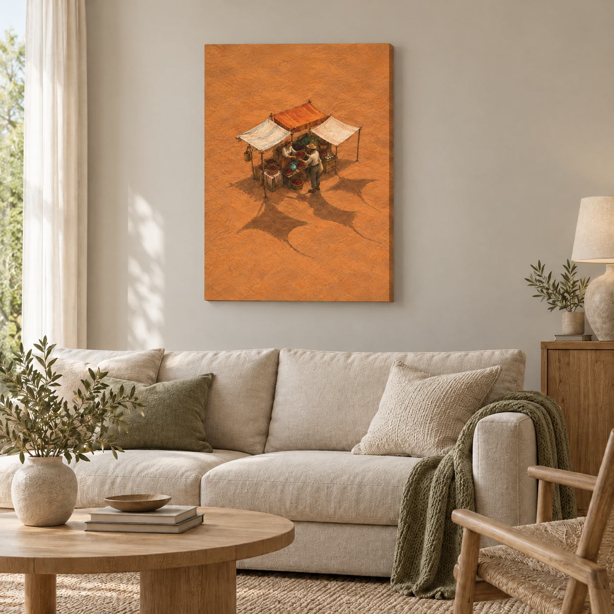 Der Markt der wandernden Schatten – Rahmenlose Slim-Leinwand im Wohnzimmer, ohne Weißrand.