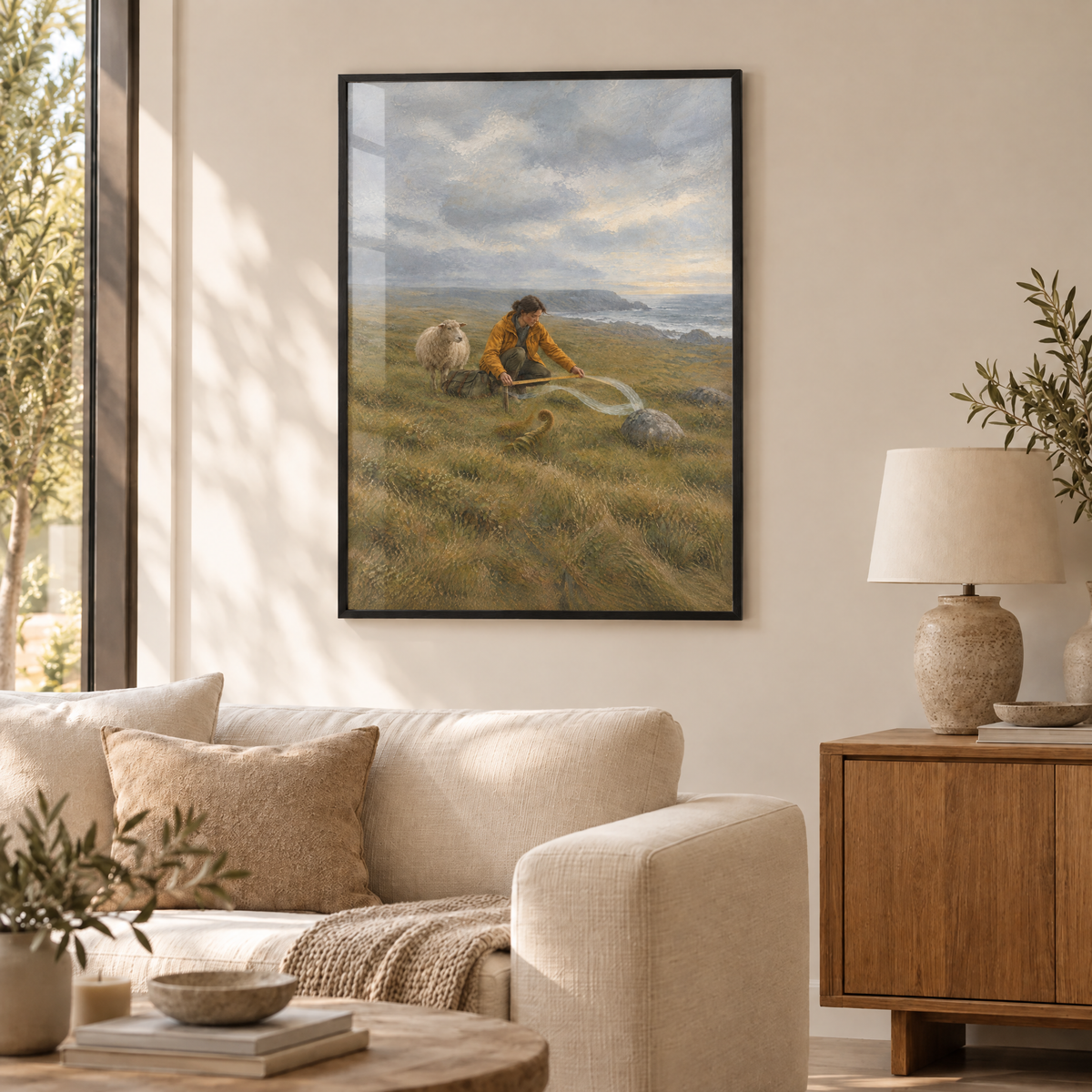 Die Vermesserin des Windes – Poster im schwarzen Holzrahmen im Wohnzimmer, ohne Weißrand.