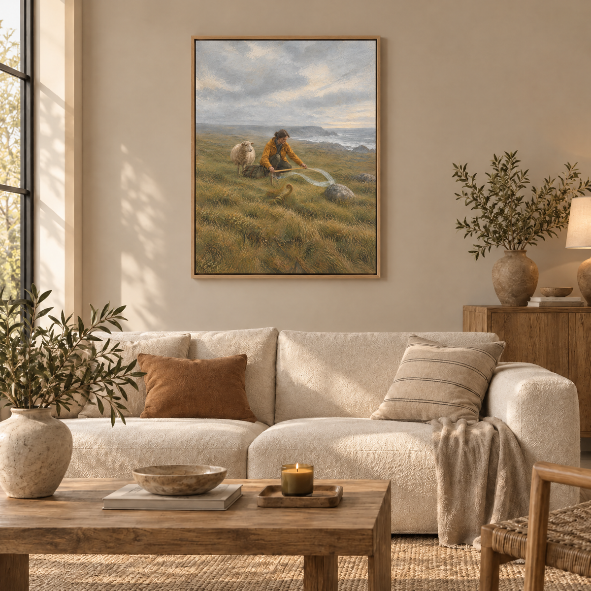Die Vermesserin des Windes – Leinwand im Naturholz-Schattenfugenrahmen im Wohnzimmer, ohne Weißrand.