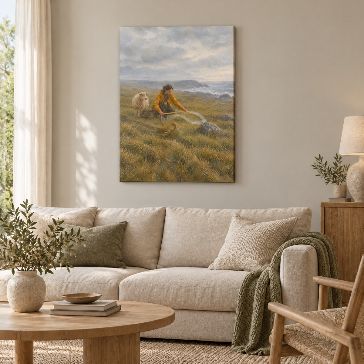 Die Vermesserin des Windes – Rahmenlose Slim-Leinwand im Wohnzimmer, ohne Weißrand.