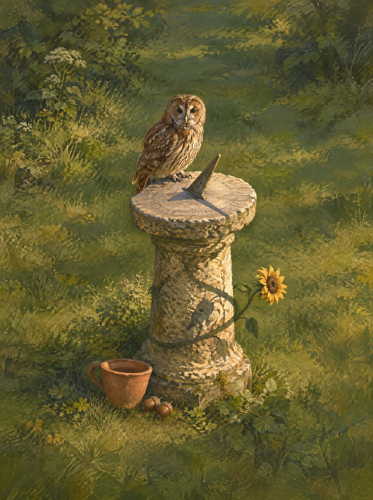 Die Eule und die Sonnenuhr – Kunstmotiv ohne Rahmen.