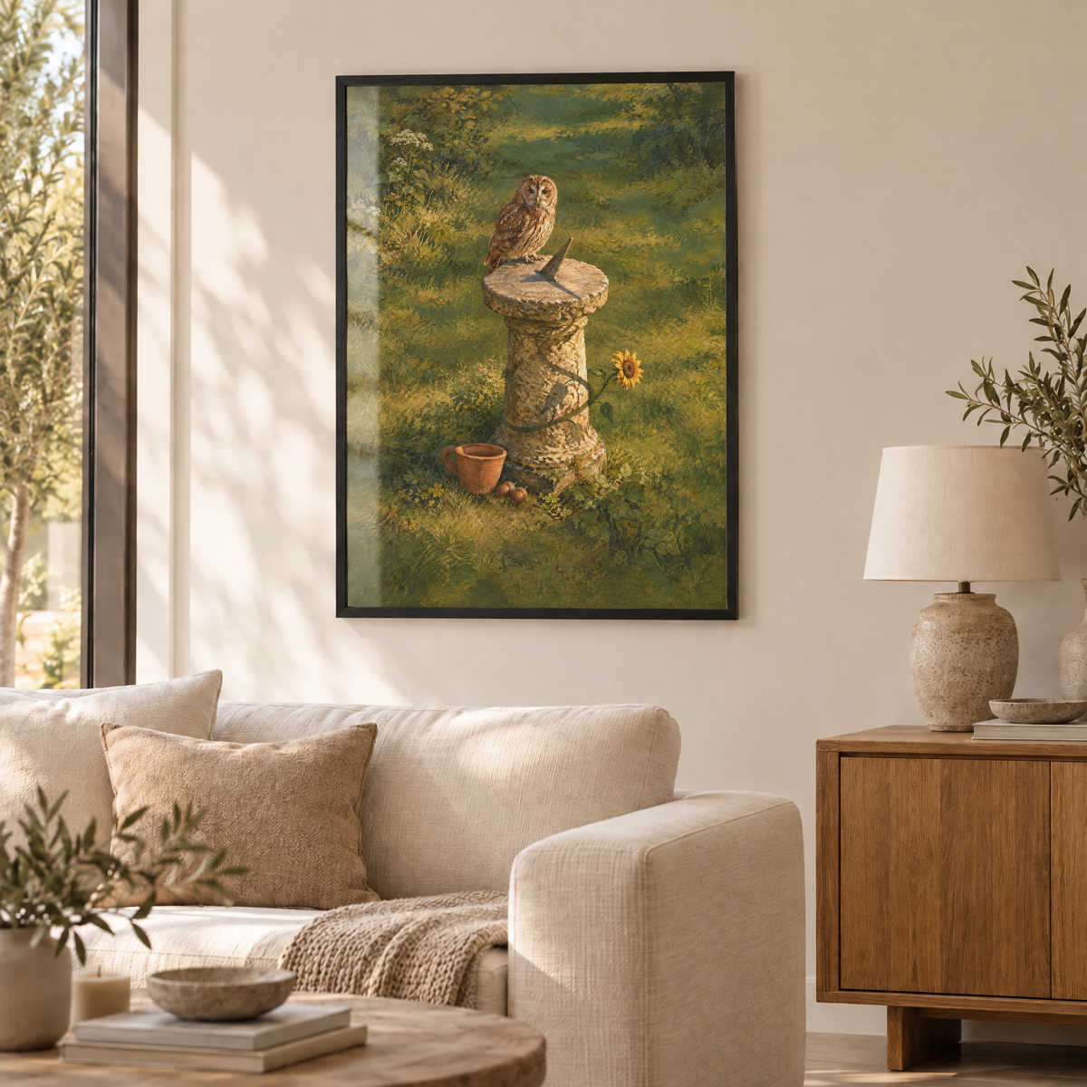 Die Eule und die Sonnenuhr – Poster im schwarzen Holzrahmen im Wohnzimmer, ohne Weißrand.