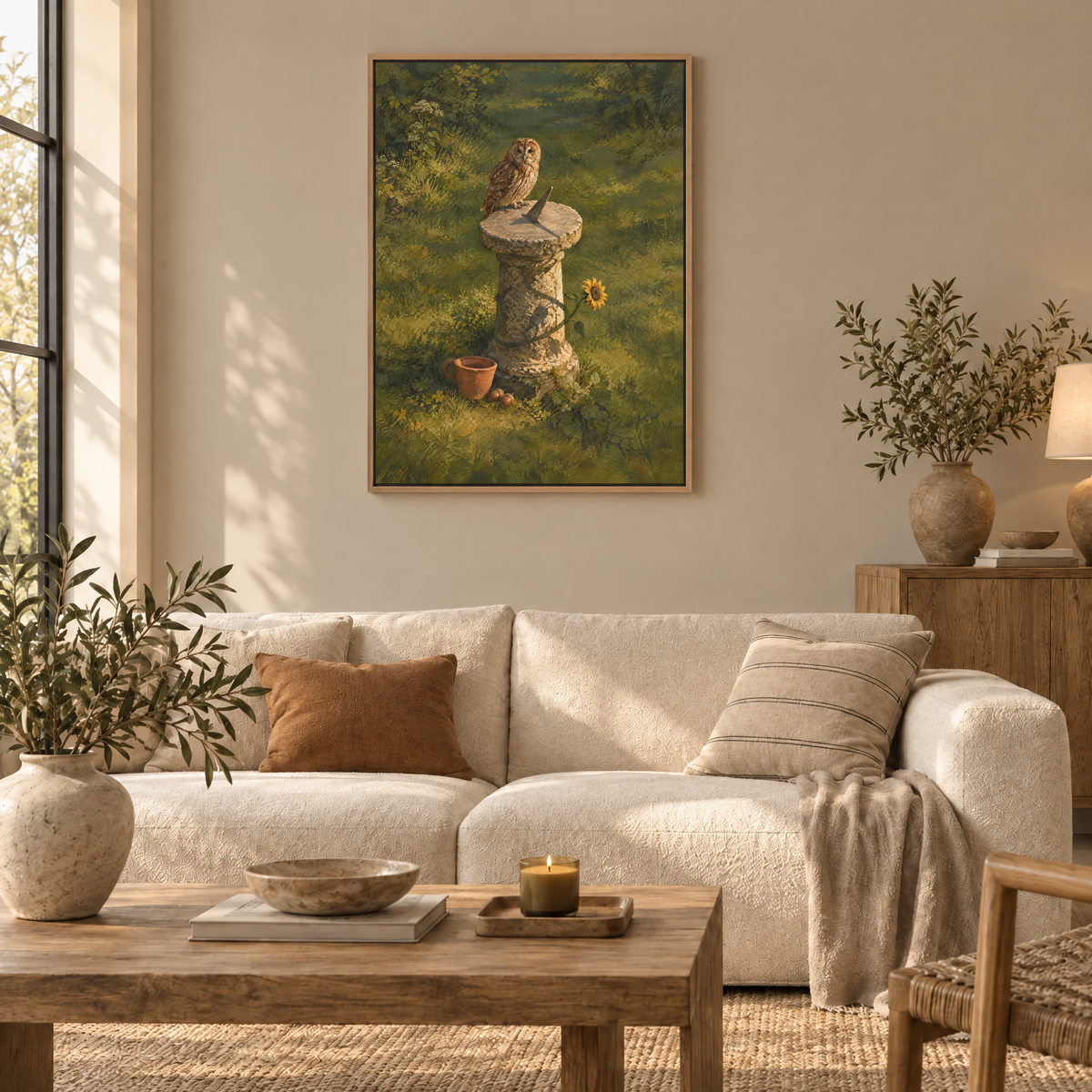 Die Eule und die Sonnenuhr – Leinwand im Naturholz-Schattenfugenrahmen im Wohnzimmer, ohne Weißrand.