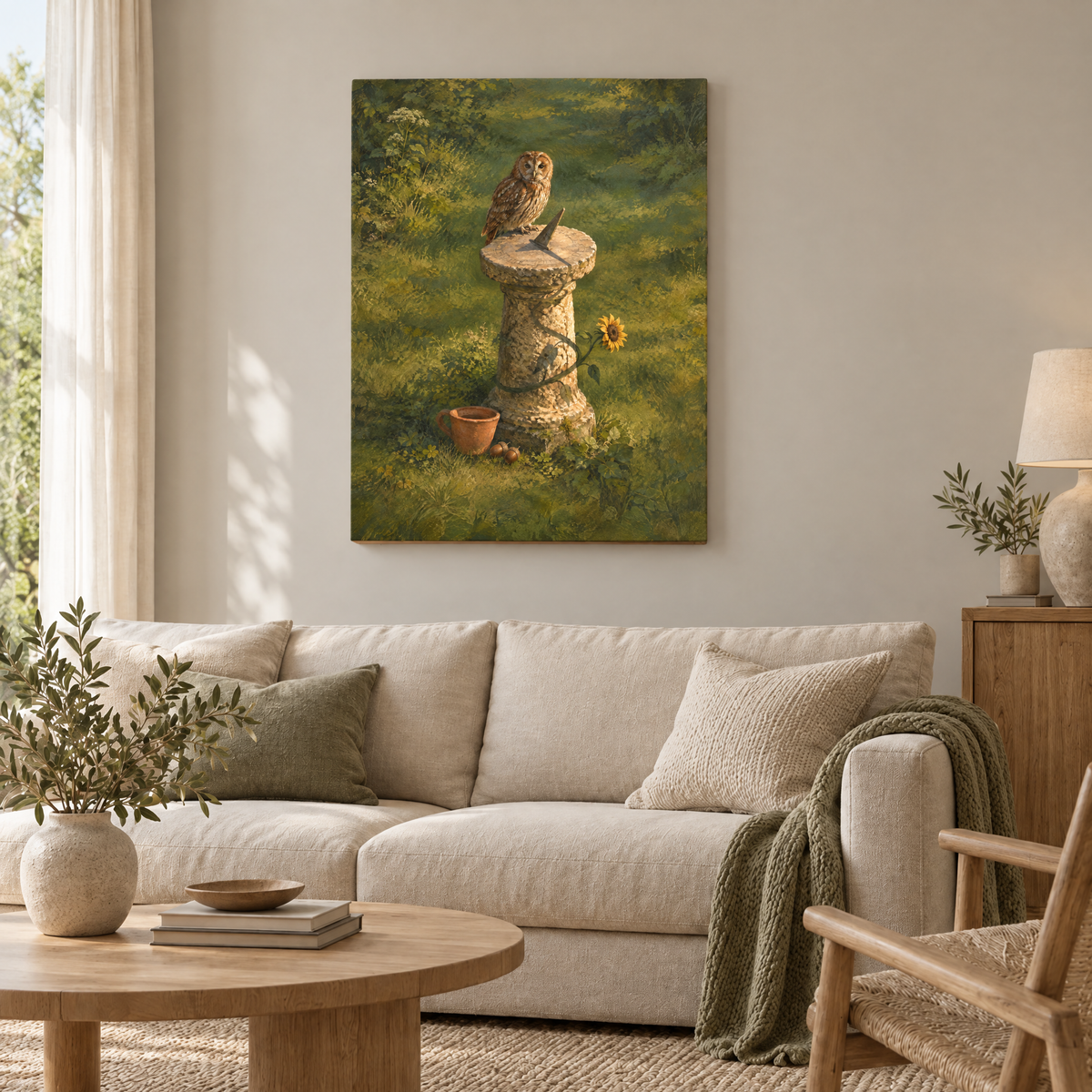 Die Eule und die Sonnenuhr – Rahmenlose Slim-Leinwand im Wohnzimmer, ohne Weißrand.