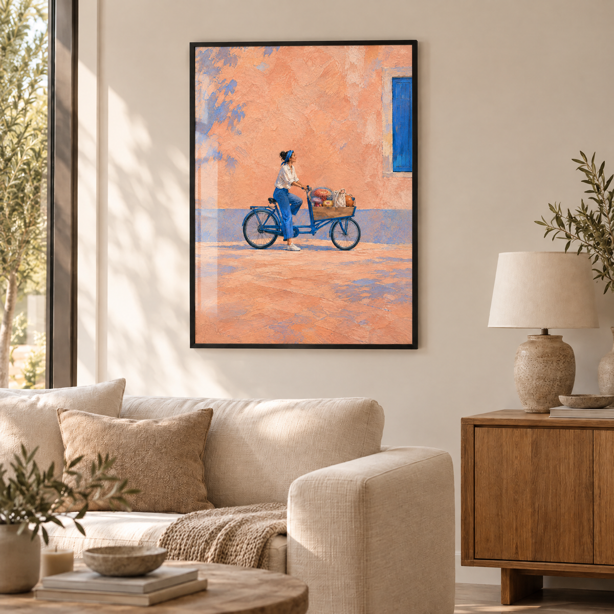 Das Lastenrad der Anemonen – Poster im schwarzen Holzrahmen im Wohnzimmer, ohne Weißrand.