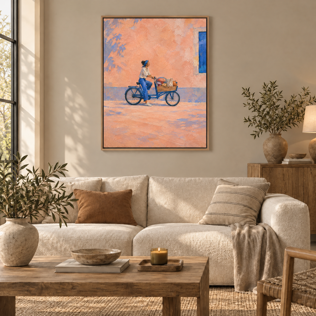 Das Lastenrad der Anemonen – Leinwand im Naturholz-Schattenfugenrahmen im Wohnzimmer, ohne Weißrand.