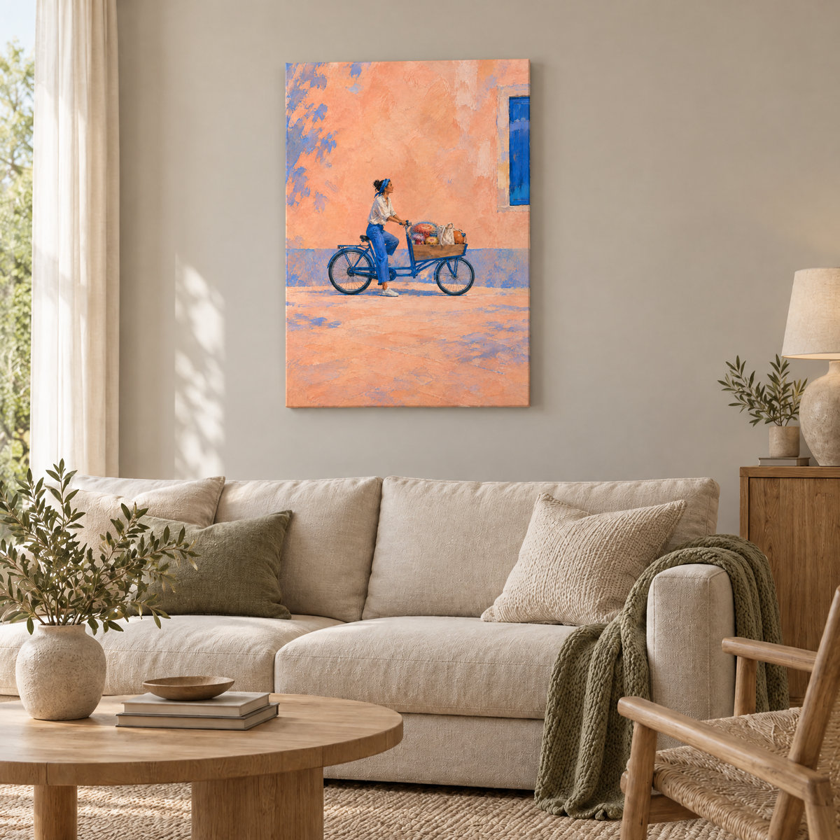 Das Lastenrad der Anemonen – Rahmenlose Slim-Leinwand im Wohnzimmer, ohne Weißrand.
