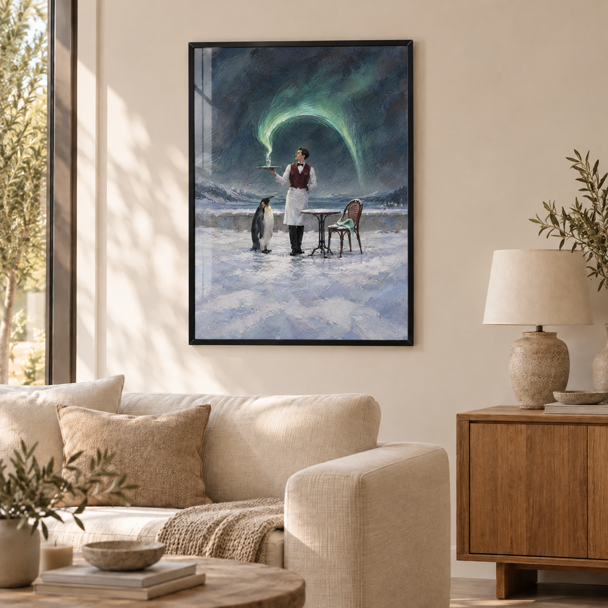 Der Kellner des Nordlichts – Poster im schwarzen Holzrahmen im Wohnzimmer, ohne Weißrand.