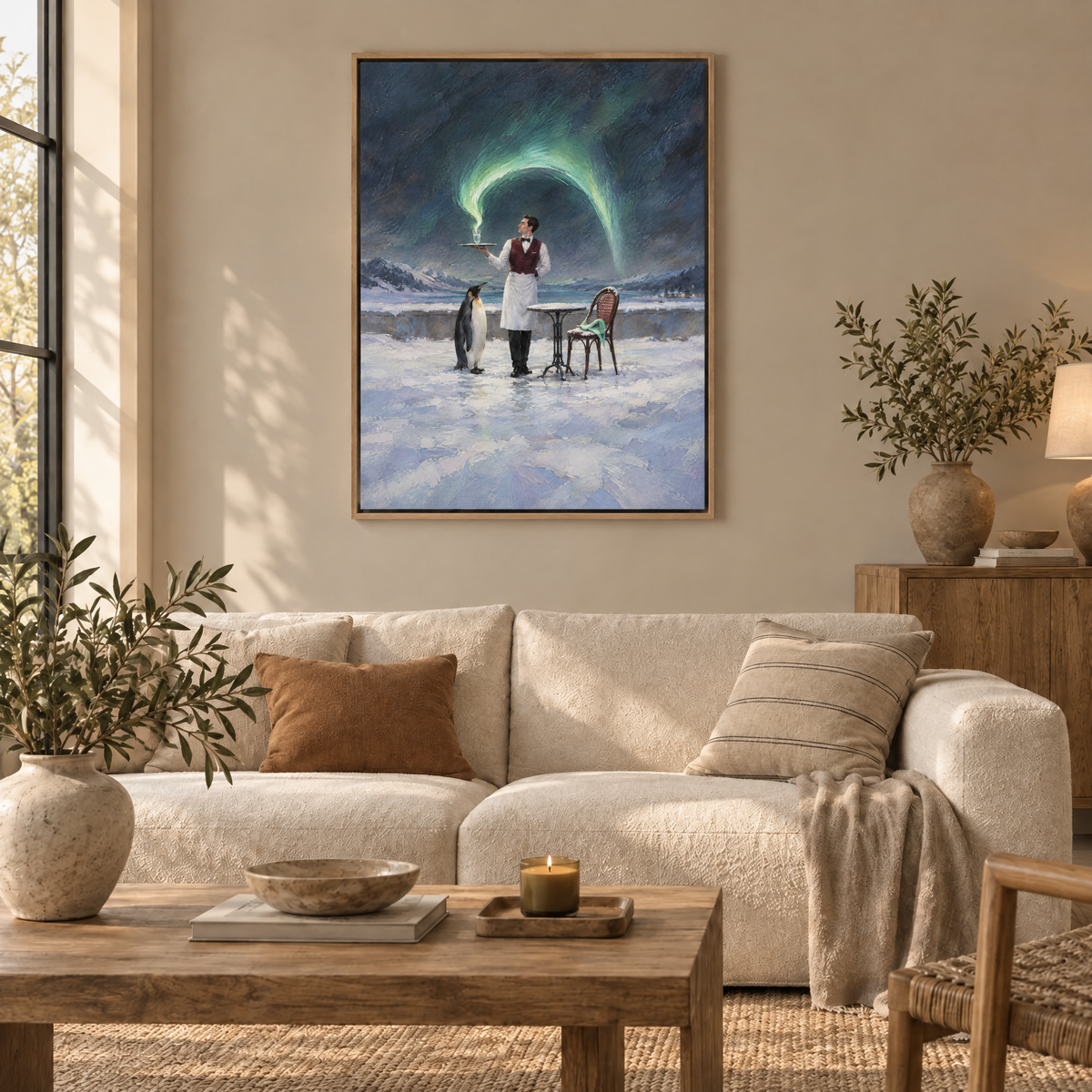 Der Kellner des Nordlichts – Leinwand im Naturholz-Schattenfugenrahmen im Wohnzimmer, ohne Weißrand.