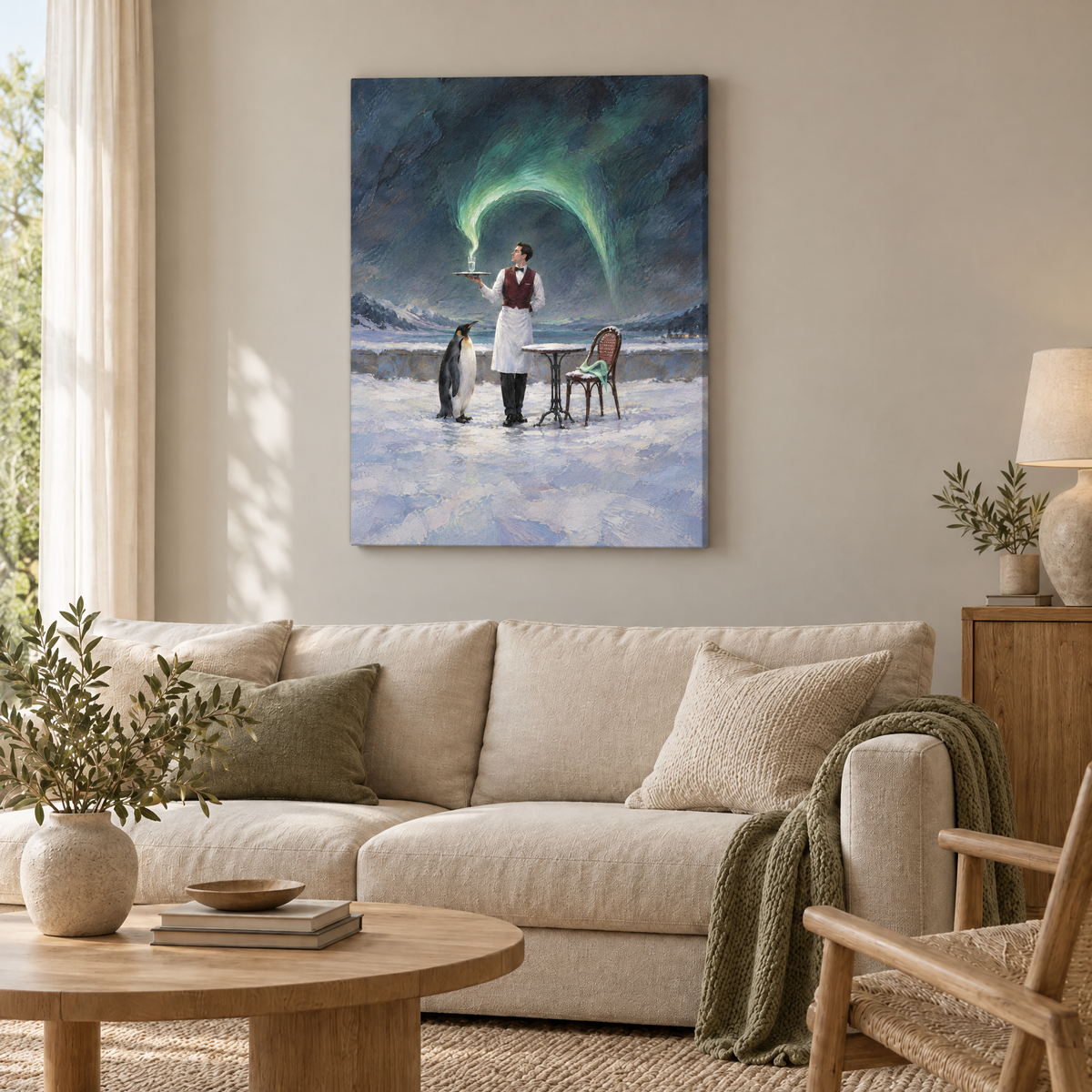 Der Kellner des Nordlichts – Rahmenlose Slim-Leinwand im Wohnzimmer, ohne Weißrand.