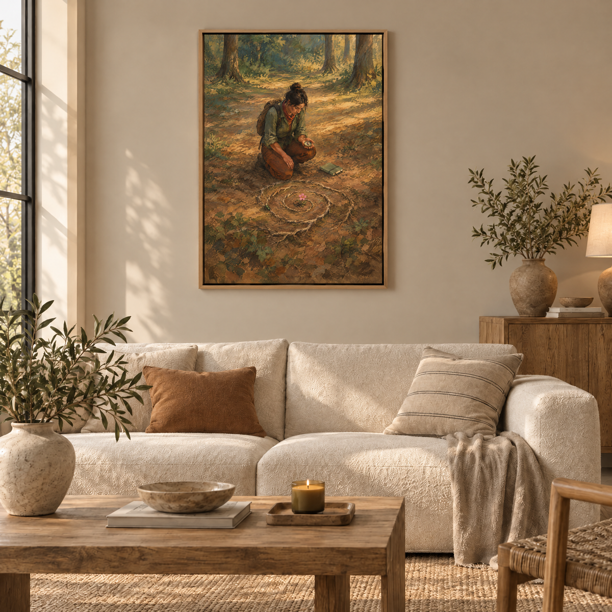 Der Kompass der Wurzeln – Leinwand im Naturholz-Schattenfugenrahmen im Wohnzimmer, ohne Weißrand.