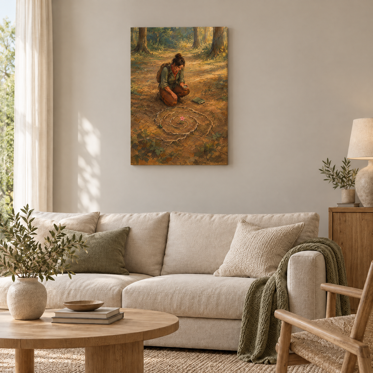Der Kompass der Wurzeln – Rahmenlose Slim-Leinwand im Wohnzimmer, ohne Weißrand.