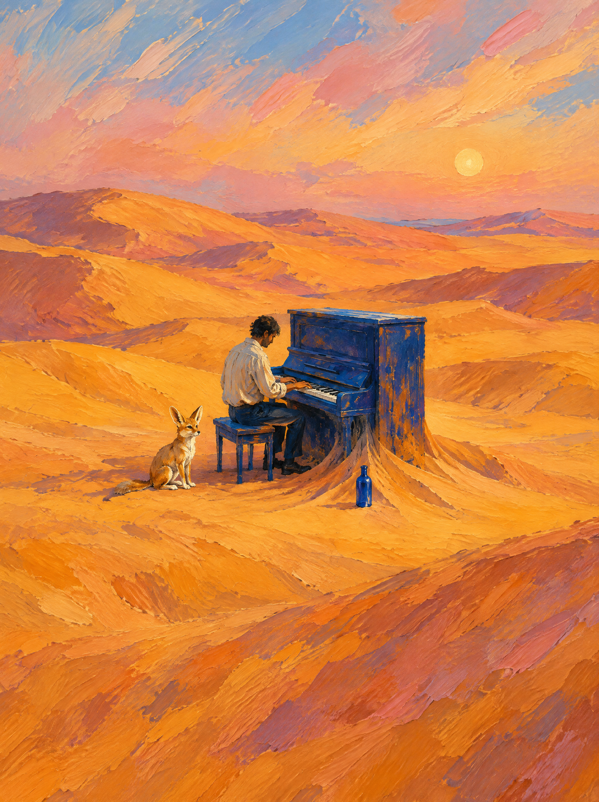 Der Pianist der Dünen – Kunstmotiv ohne Rahmen.