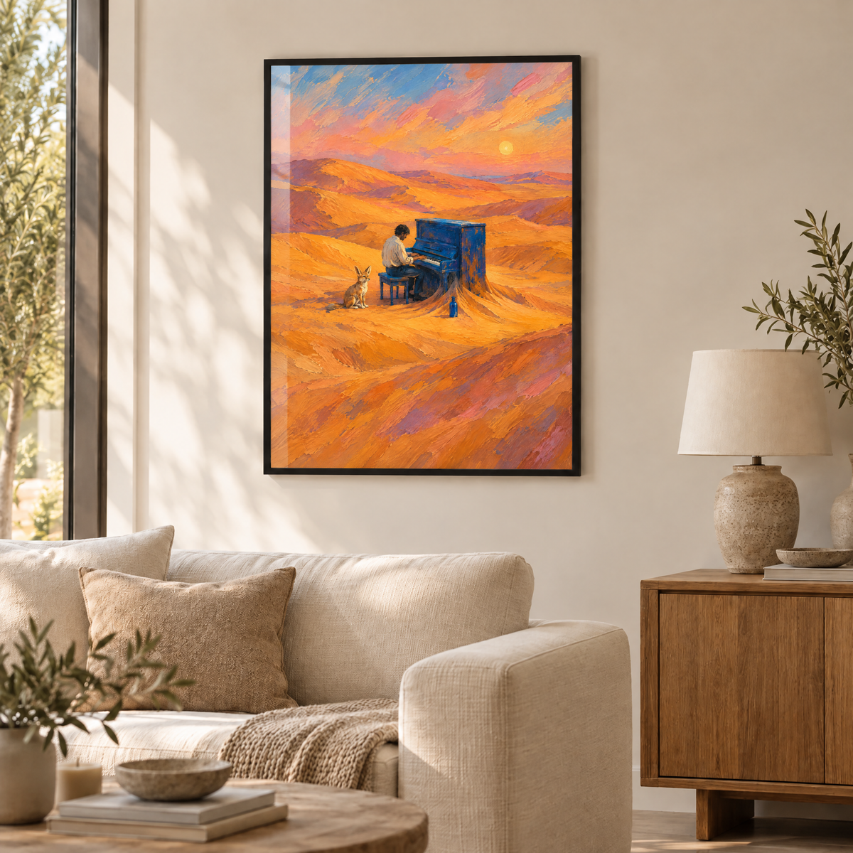Der Pianist der Dünen – Poster im schwarzen Holzrahmen im Wohnzimmer, ohne Weißrand.